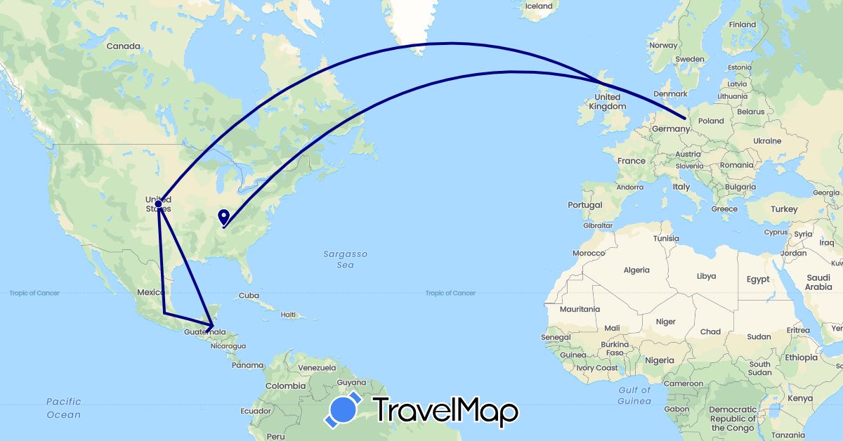 TravelMap itinerary: driving in Belize, Germany, United Kingdom, Guatemala, Mexico, United States (Europe, North America)
